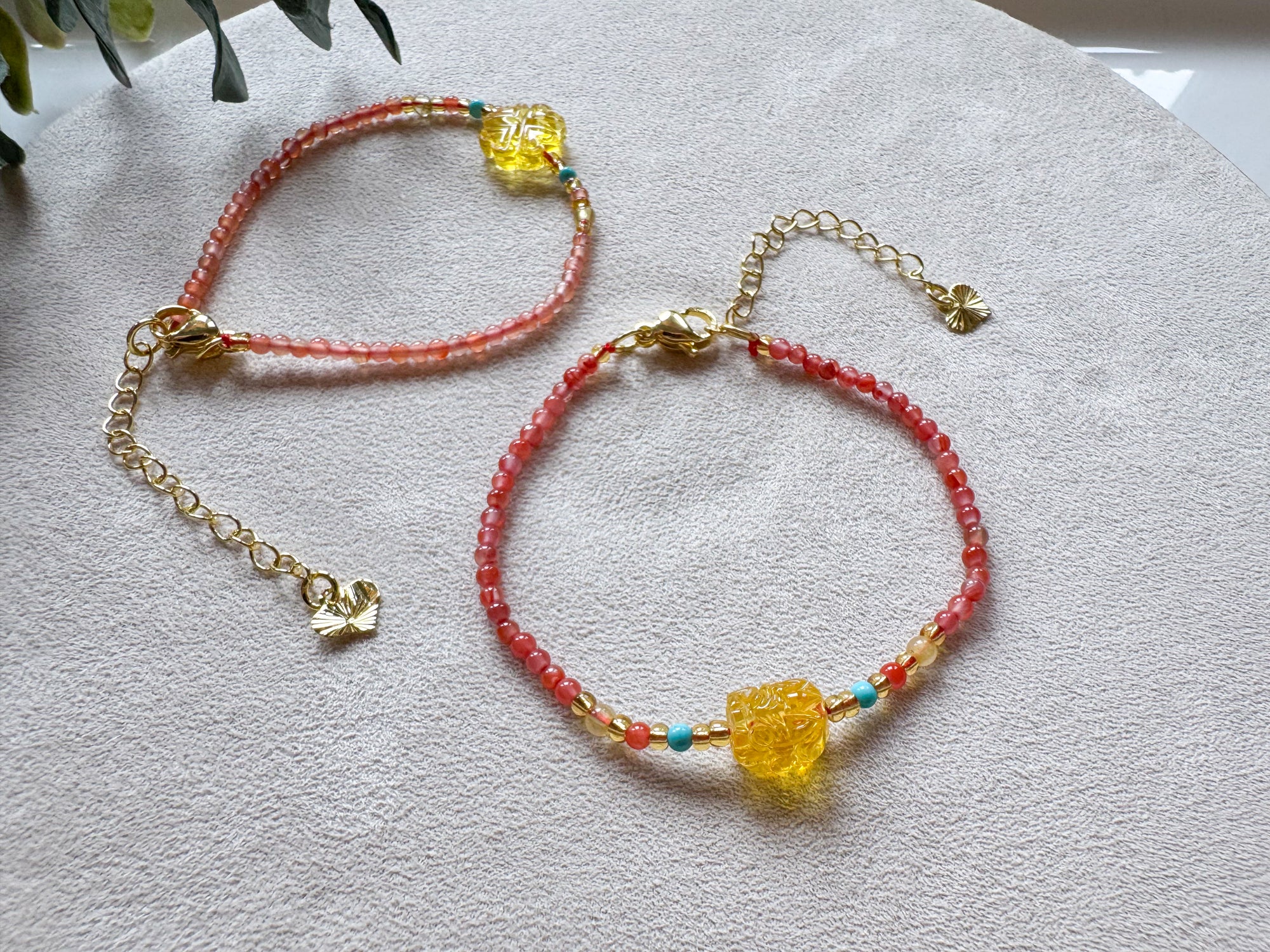 Dainty Amber Charm Seed Bead Bracelet
