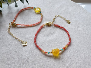 Dainty Amber Charm Seed Bead Bracelet