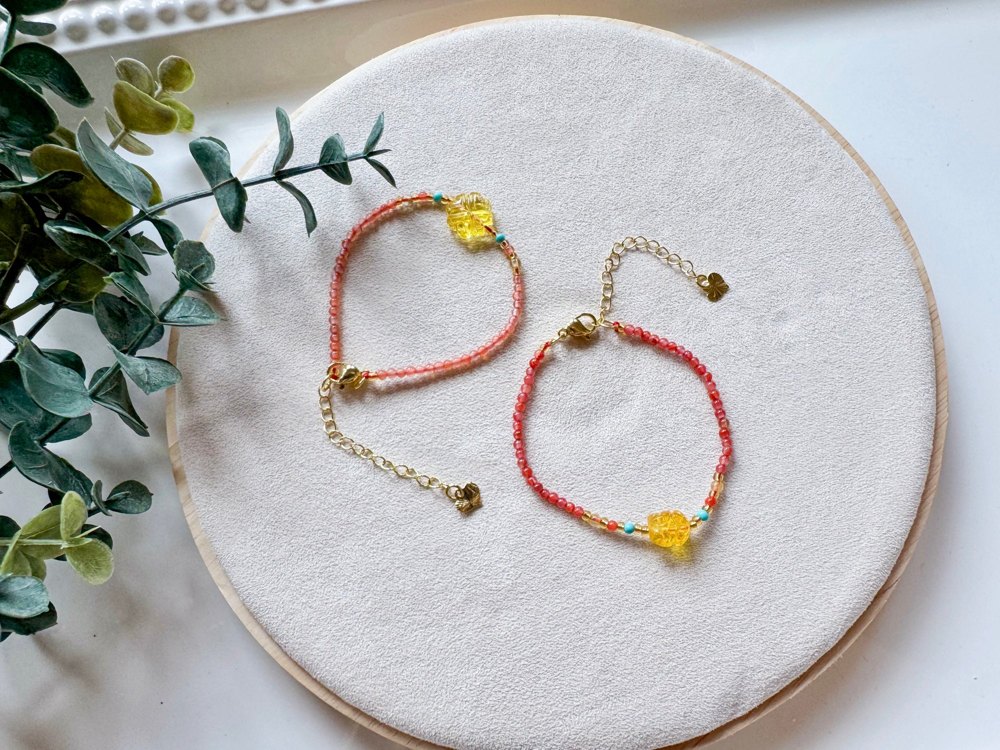 Dainty Amber Charm Seed Bead Bracelet
