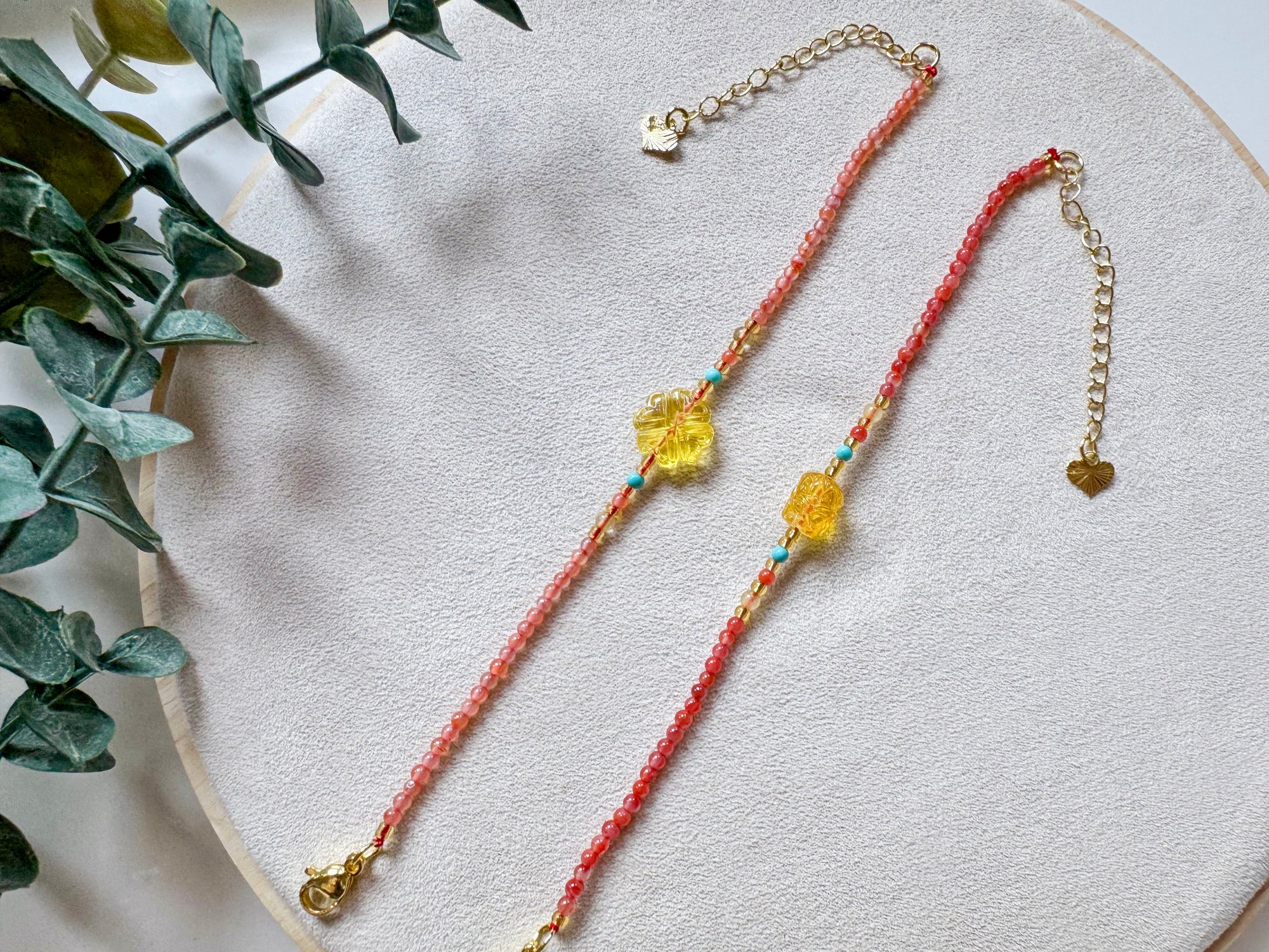 Dainty Amber Charm Seed Bead Bracelet