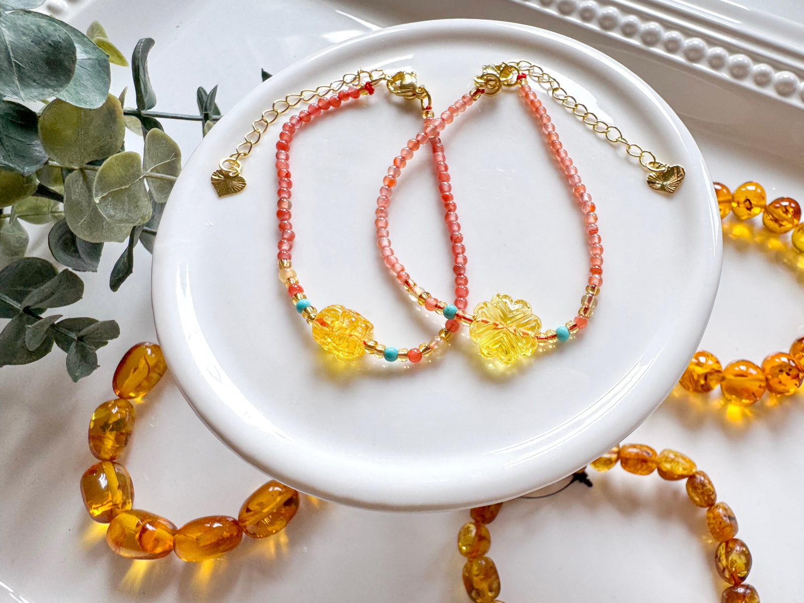 Dainty Amber Charm Seed Bead Bracelet