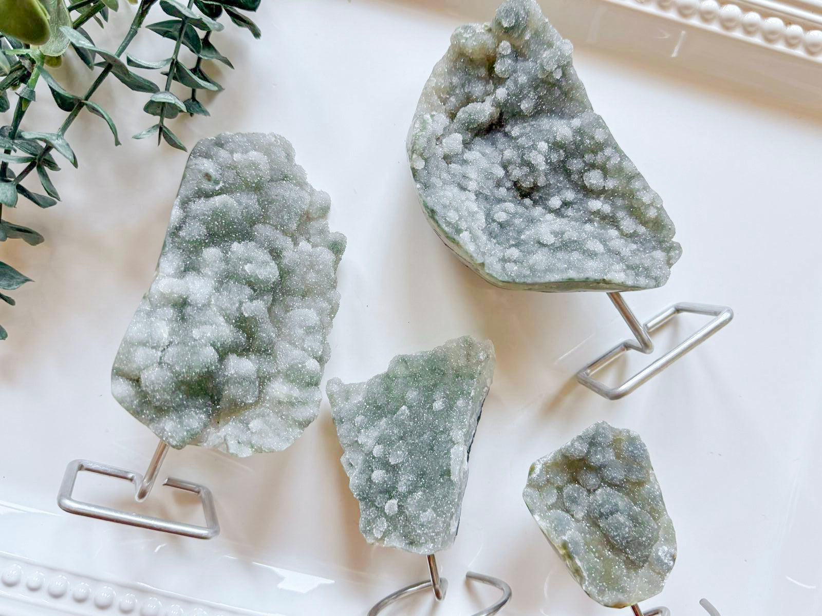 Druzy Raw Prasiolite on Metal Stand