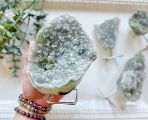 Druzy Raw Prasiolite on Metal Stand