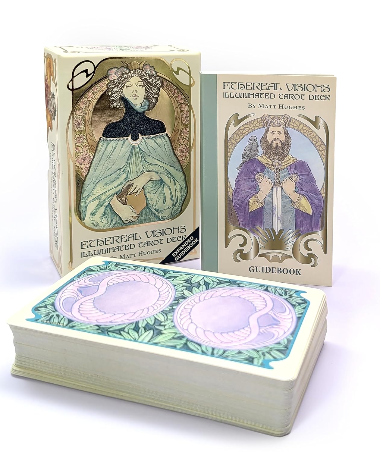 Ethereal Visions Illuminated Tarot Deck: Elegant 80-Card Art Nouveau Tarot Deck with Gold Foil, Full-Color 140-Page Guidebook, Hand-Drawn Illustrations – Ideal for Beginners & Collectors || Matt Hughes