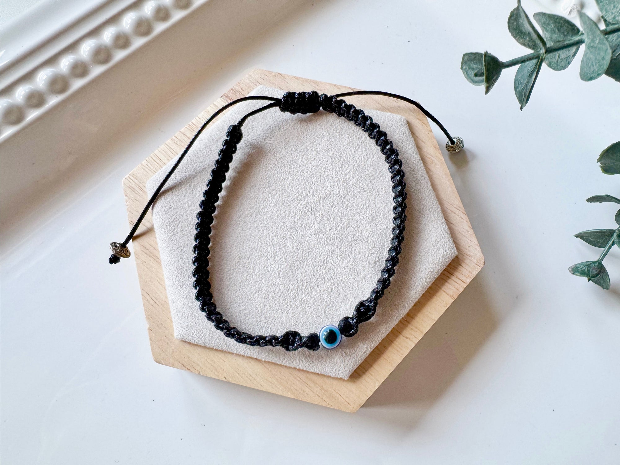 Evil Eye Adjustable Cord Bracelet - Braided Black Cord with Metal Accents