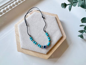 Evil Eye Adjustable Cord Bracelet - Dainty Black Cord | Blue & Silver Beads