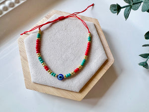 Evil Eye Adjustable Cord Bracelet  - Red Cord | Red-Gold-Blue Beads