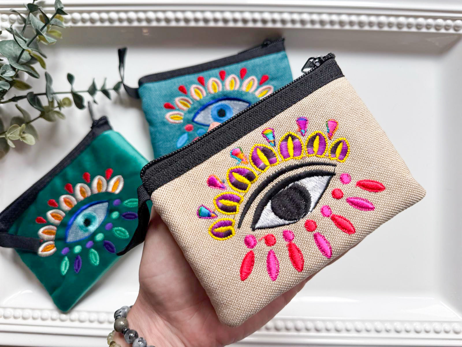Evil Eye Embroidered Zippered Pouch || Ecuador