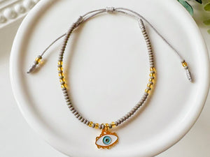 Evil Eye Seed Bead Adjustable Bracelet || Gold
