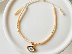 Evil Eye Seed Bead Adjustable Bracelet || Gold