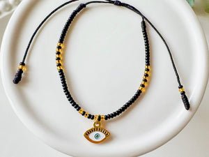 Evil Eye Seed Bead Adjustable Bracelet || Gold
