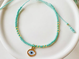 Evil Eye Seed Bead Adjustable Bracelet || Gold