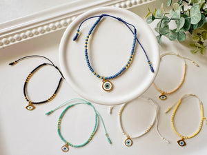 Evil Eye Seed Bead Adjustable Bracelet || Gold