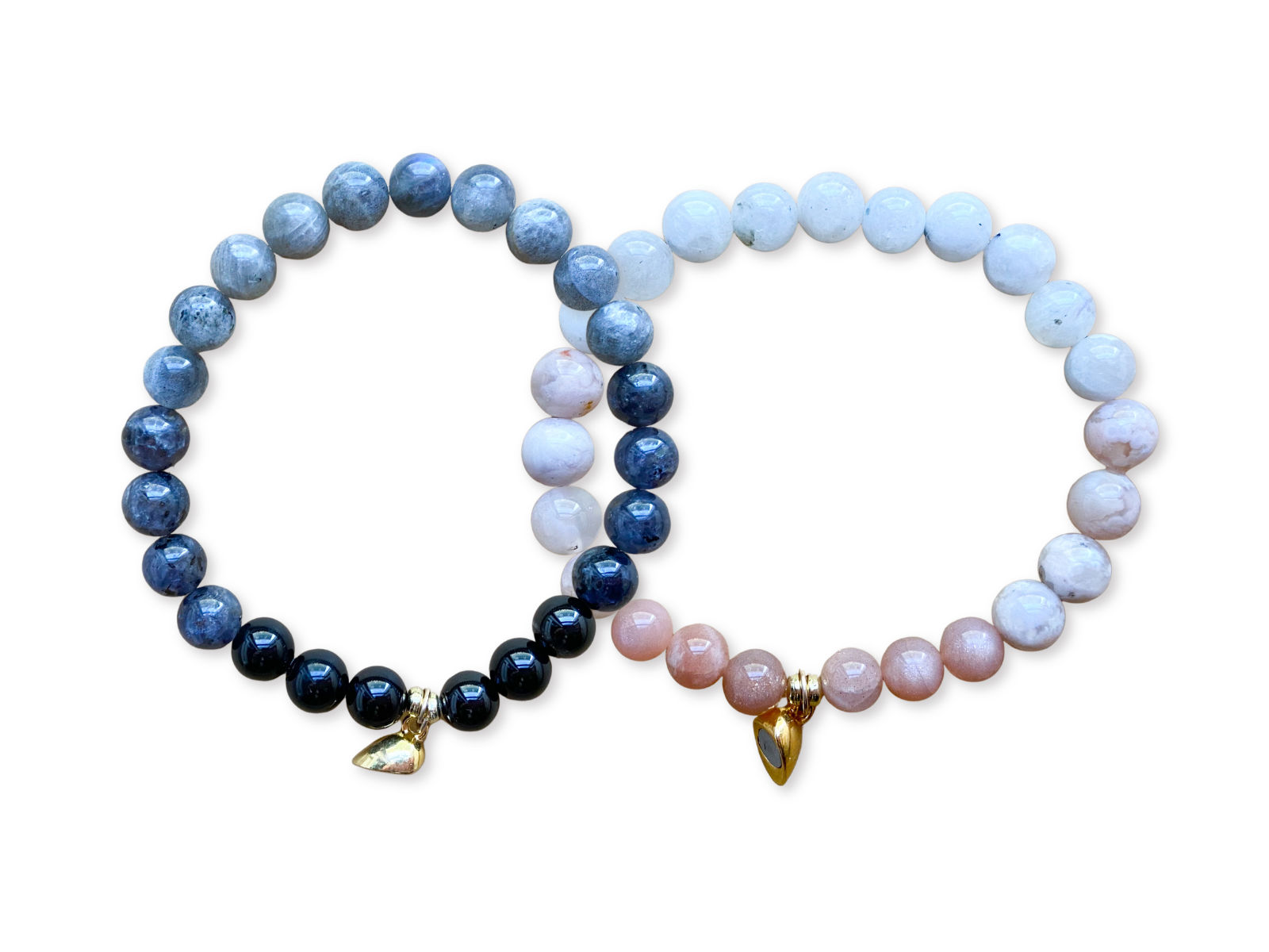 Friendship Bracelets || Labradorite, Iolite, Onyx, Peach Moonstone, Flower Agate & Rainbow Moonstone Pair || Gold Magnetic Heart || Reiki Infused