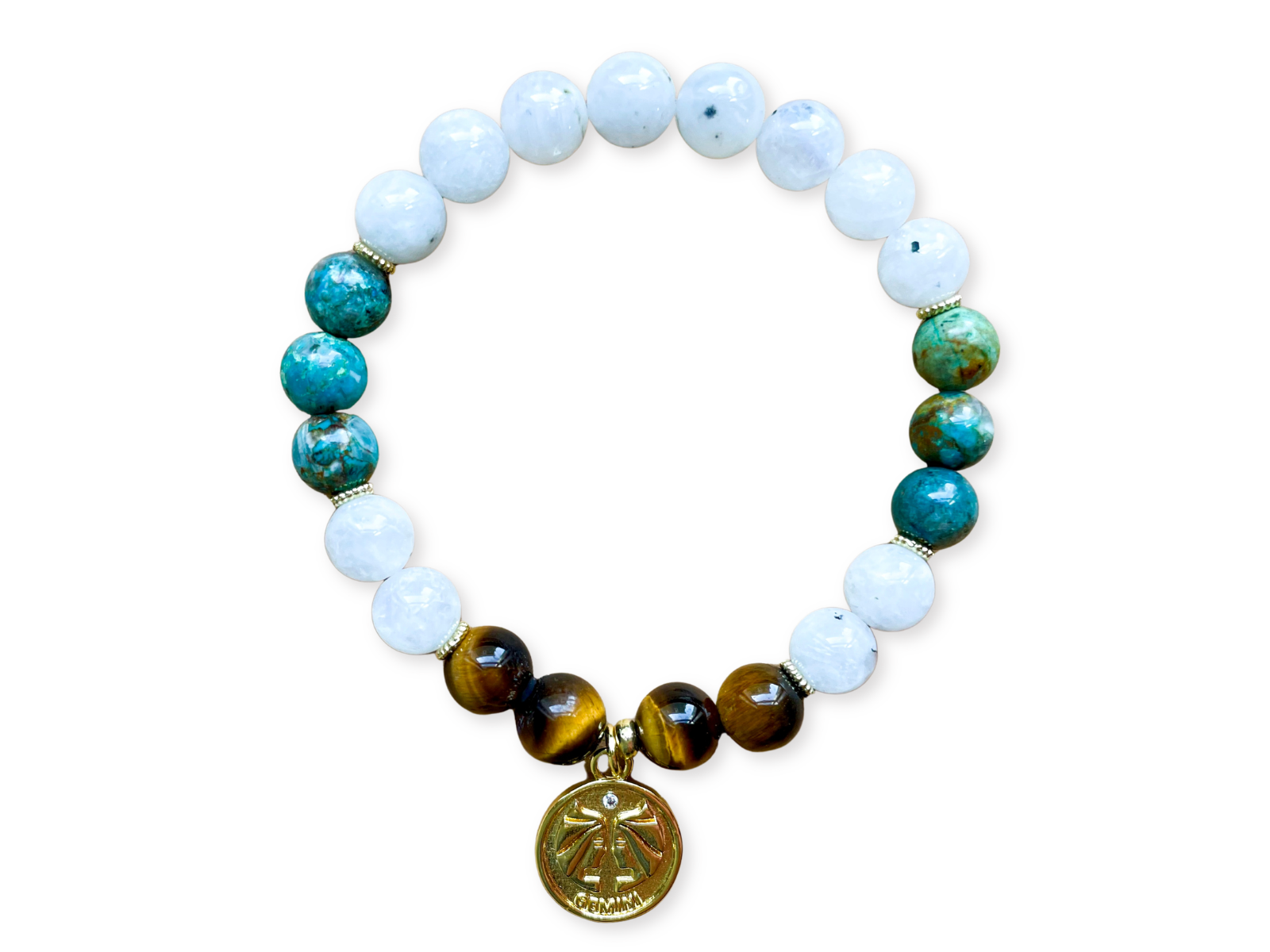GEMINI GOLD EDITION Moonstone, Chrysocolla, Tiger Eye Beaded Bracelet || Reiki Infused