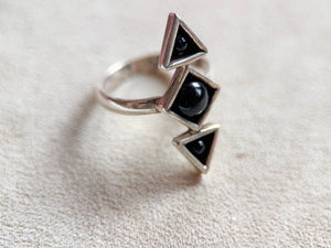 Geometric Triad Sterling Silver Ring || Black Onyx