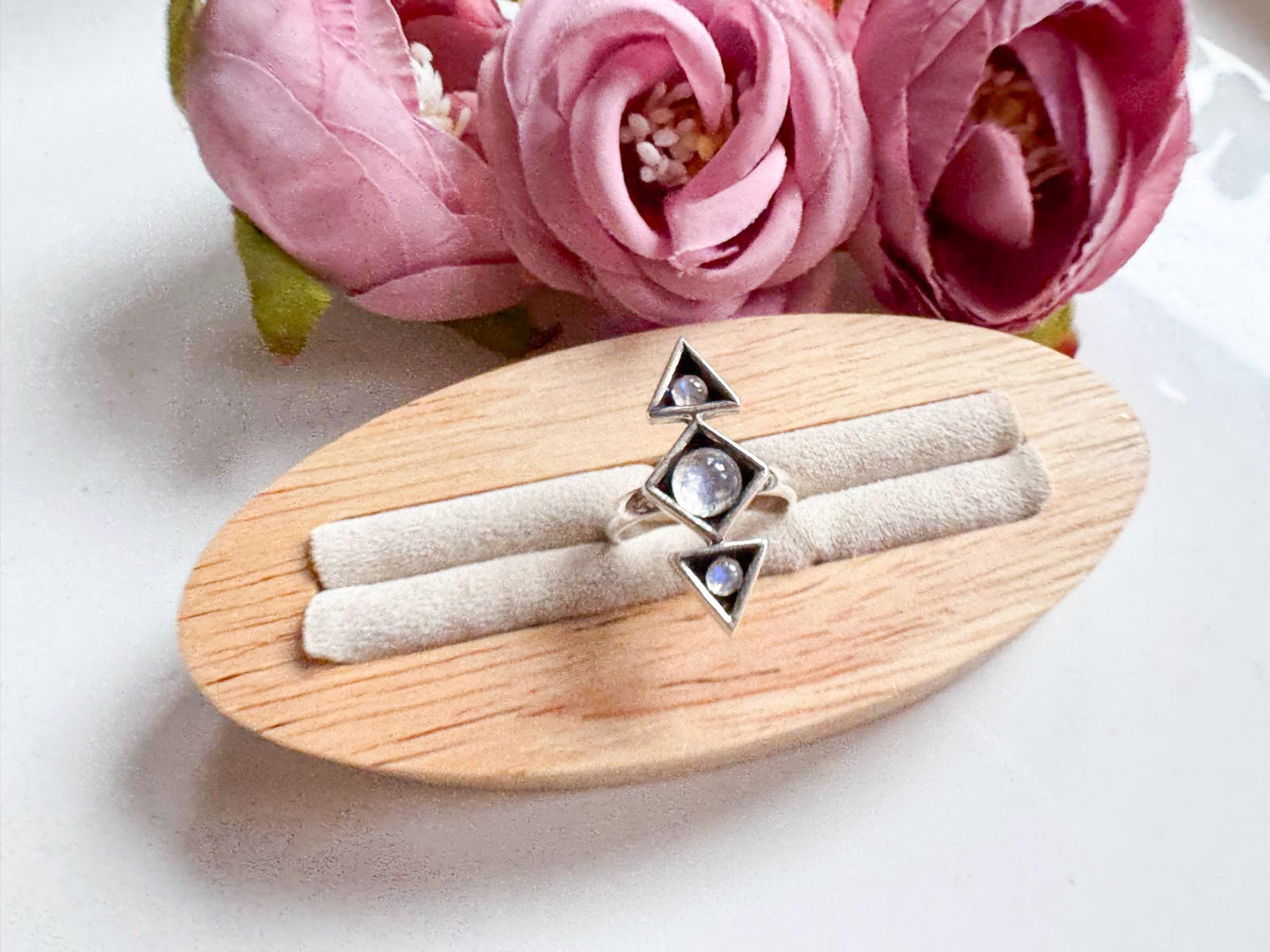 Geometric Triad Sterling Silver Ring || Rainbow Moonstone