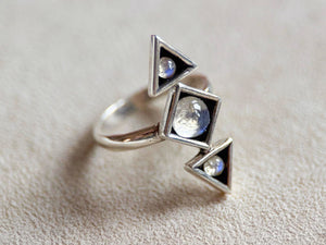 Geometric Triad Sterling Silver Ring || Rainbow Moonstone