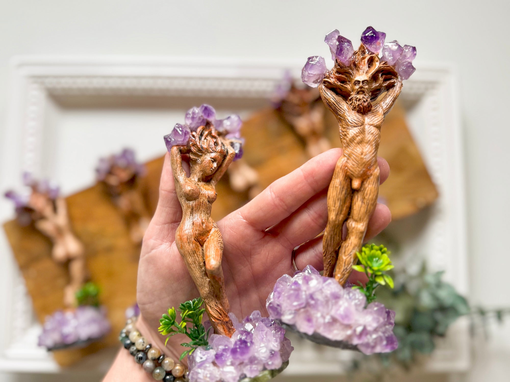 God & Goddess of the Forest Statues with Amethyst Accents