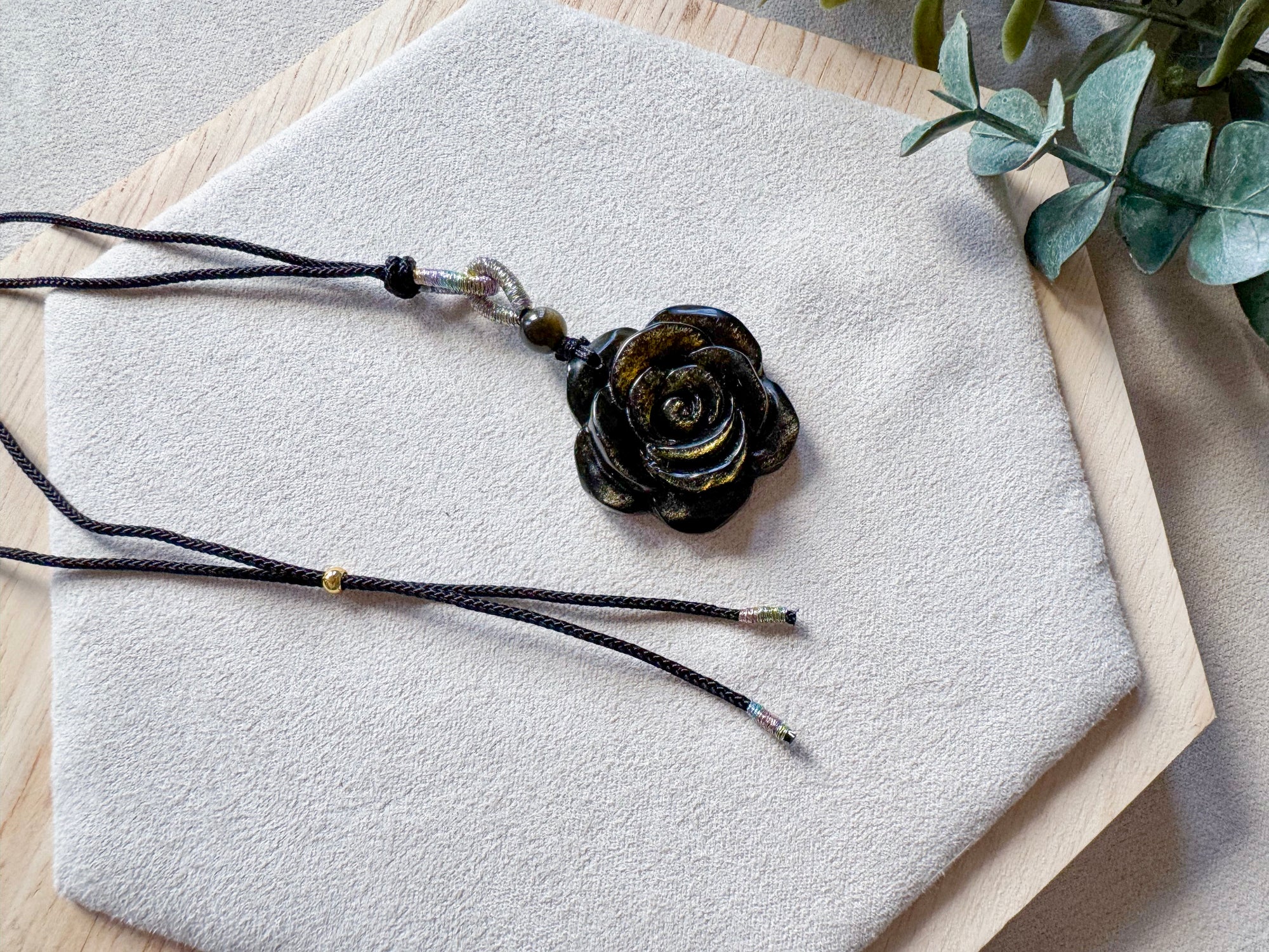 Gold Sheen Obsidian Rose Cord Necklace