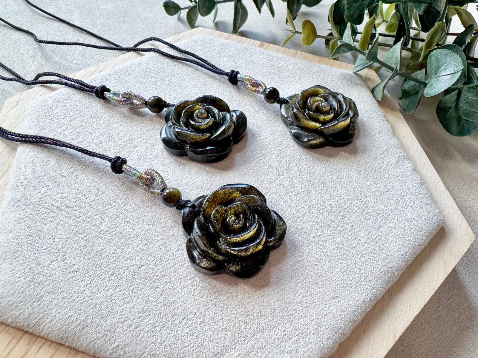 Gold Sheen Obsidian Rose Cord Necklace