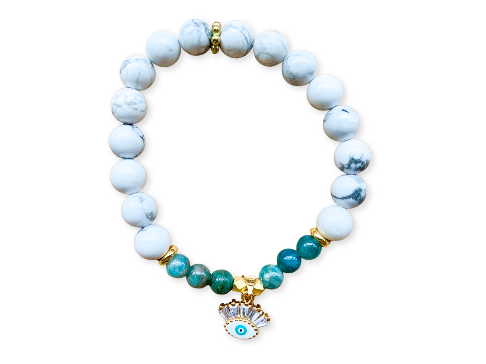 Green Apatite & Howlite Evil Eye Beaded Bracelet || Reiki Infuse