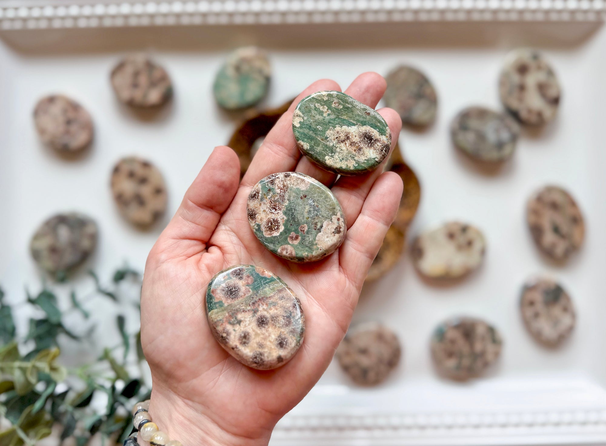 Green Cherry Blossom Agate Flat Palm Stone
