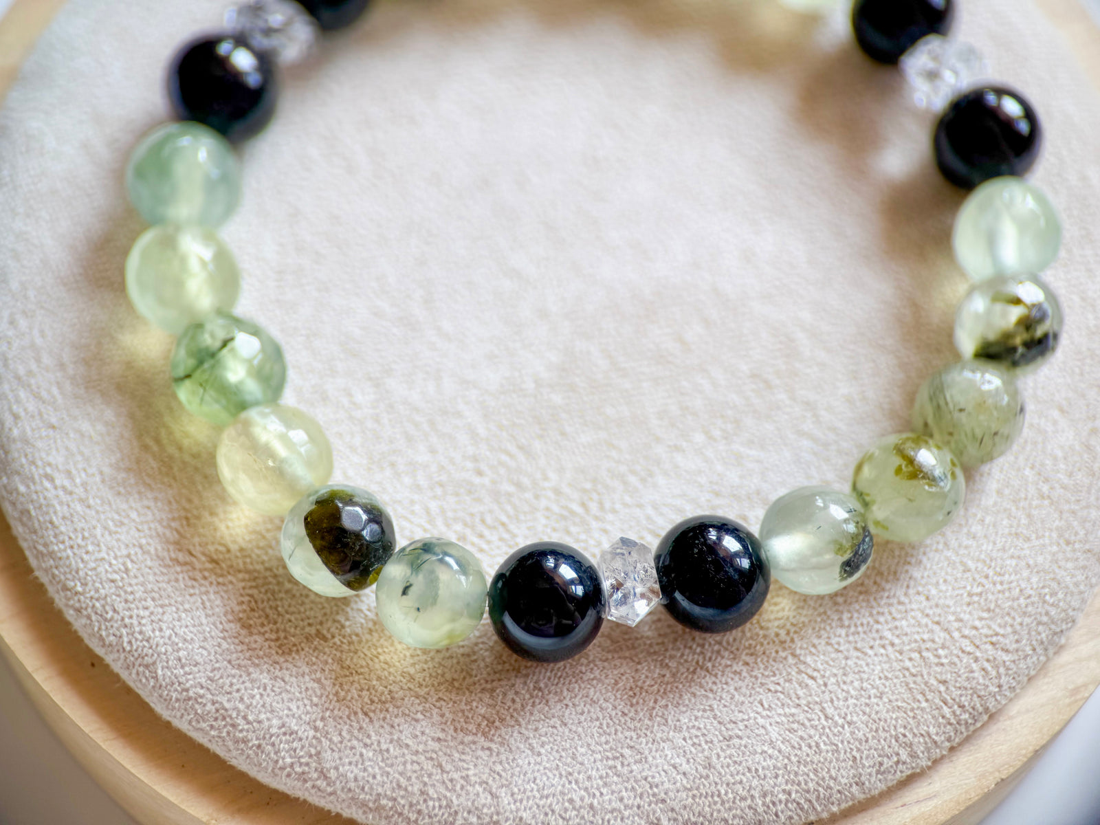 Guided Light Beaded Bracelet || Prehnite, Black Tourmaline & Herkimer Diamond || Reiki Infused