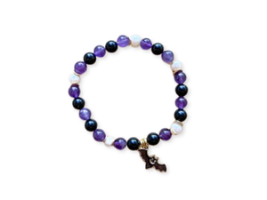 Halloween Collection || Amethyst, Black Onyx, Mother of Pearl & Bat Charm Beaded Bracelet || Reiki Infused