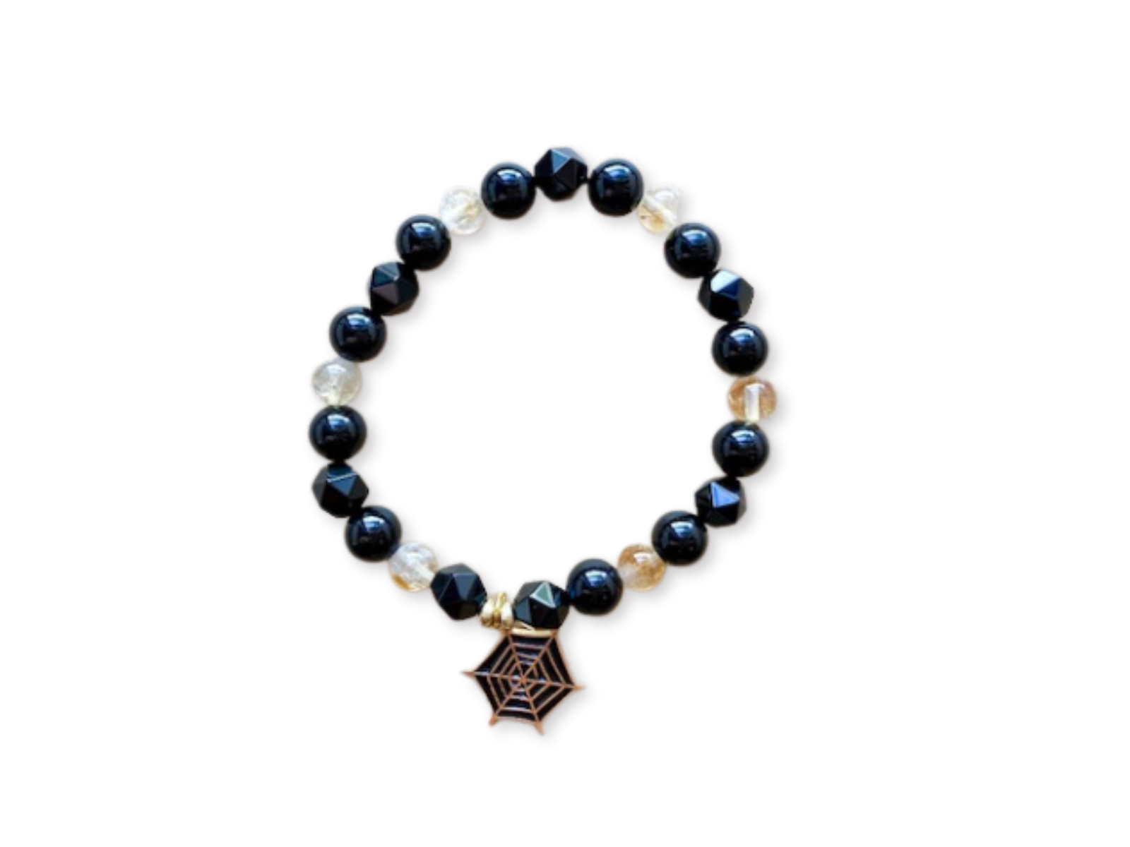 Halloween Collection || Citrine, Onyx  & Spider Web Charm Beaded Bracelet || Reiki Infused