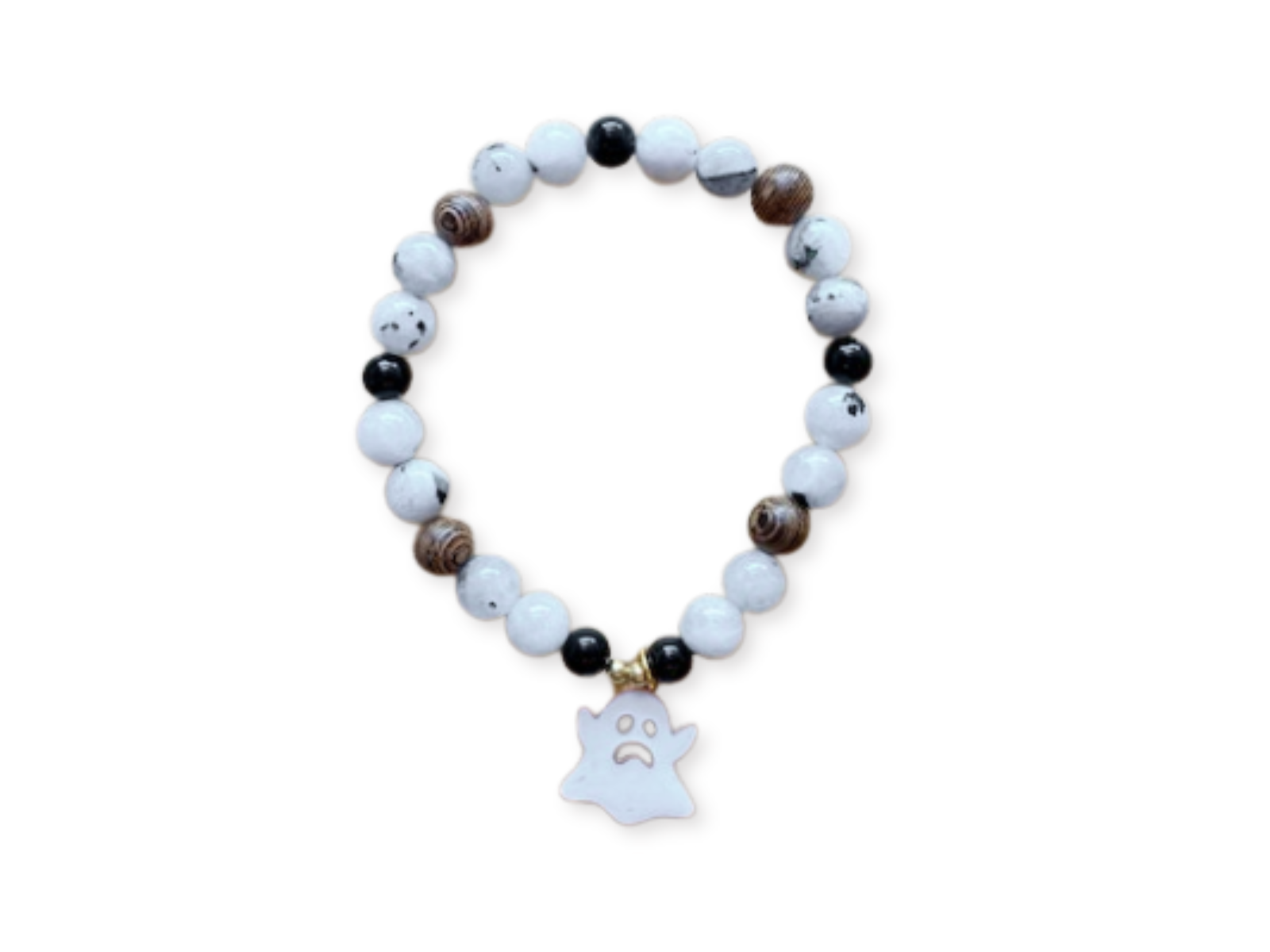 Halloween Collection || Rainbow Moonstone, Ebony Wood, Onyx & Ghost Charm Beaded Bracelet || Reiki Infused