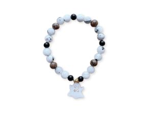 Halloween Collection || Rainbow Moonstone, Ebony Wood, Onyx & Ghost Charm Beaded Bracelet || Reiki Infused