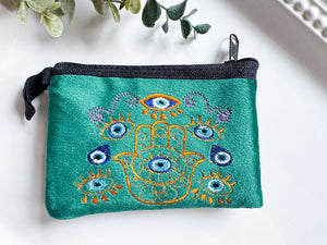Hamsa & Evil Eye Embroidered Zippered Pouch || Ecuador
