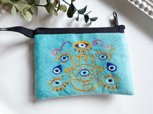 Hamsa & Evil Eye Embroidered Zippered Pouch || Ecuador