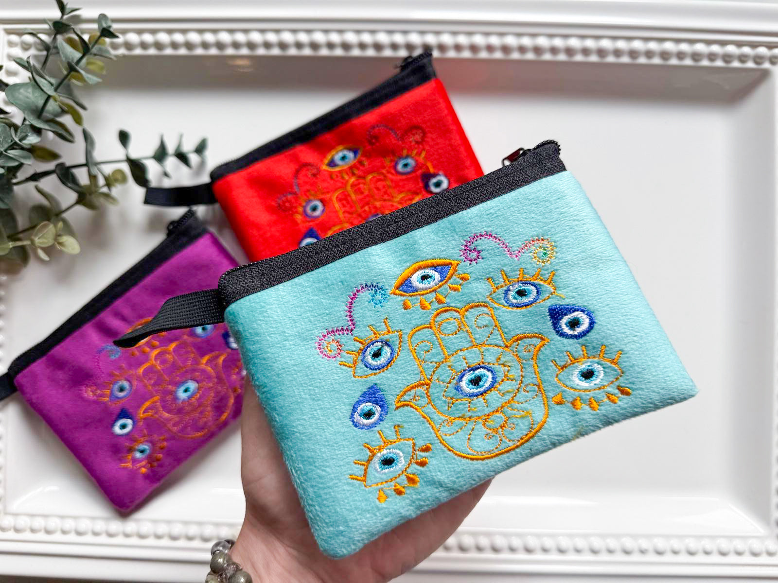Hamsa & Evil Eye Embroidered Zippered Pouch || Ecuador