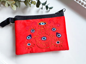Hamsa & Evil Eye Embroidered Zippered Pouch || Ecuador