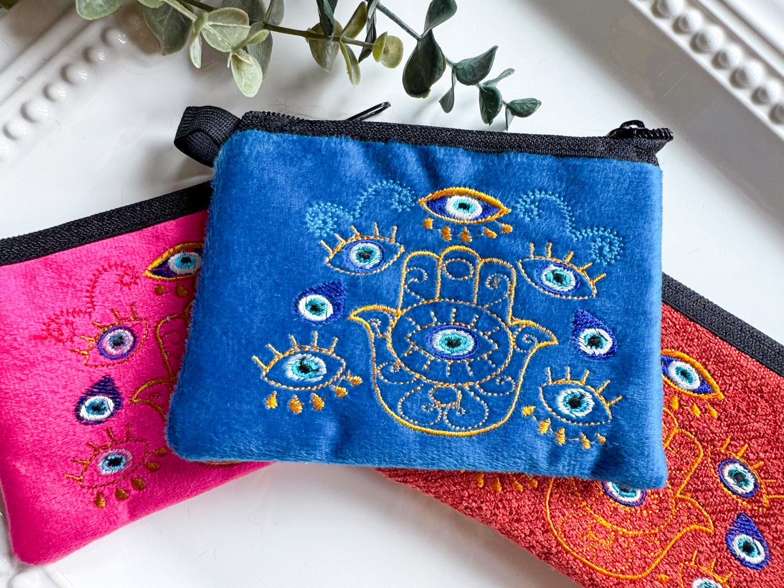 Hamsa & Evil Eye Embroidered Zippered Pouch || Ecuador