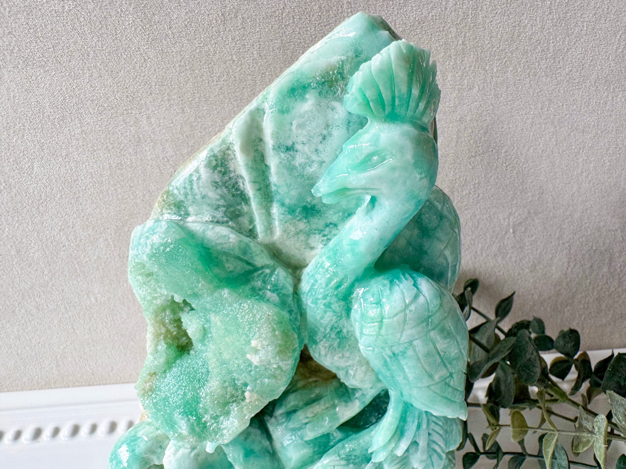 Hemimorphite Peacock & Lotus Carving