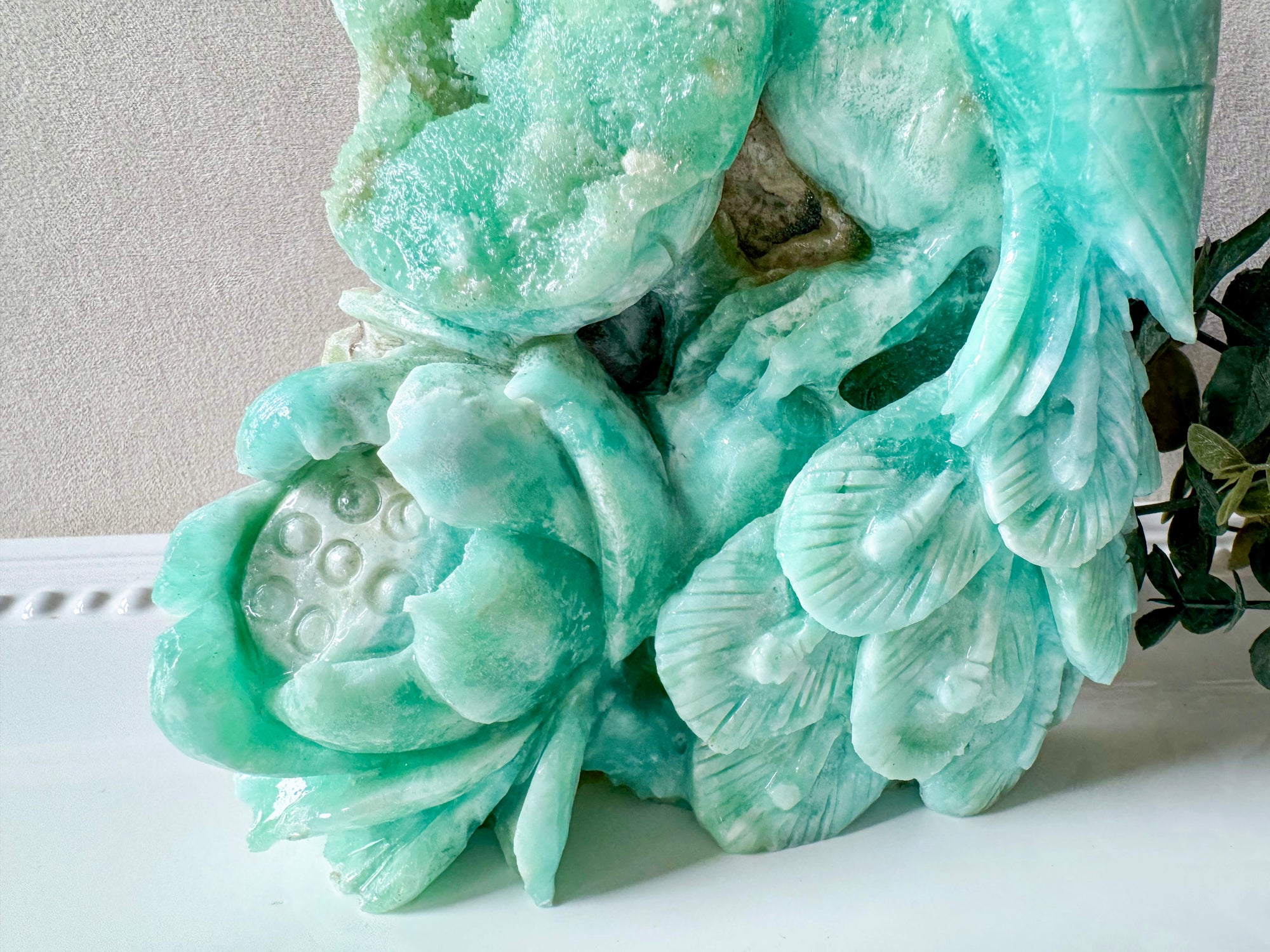 Hemimorphite Peacock & Lotus Carving