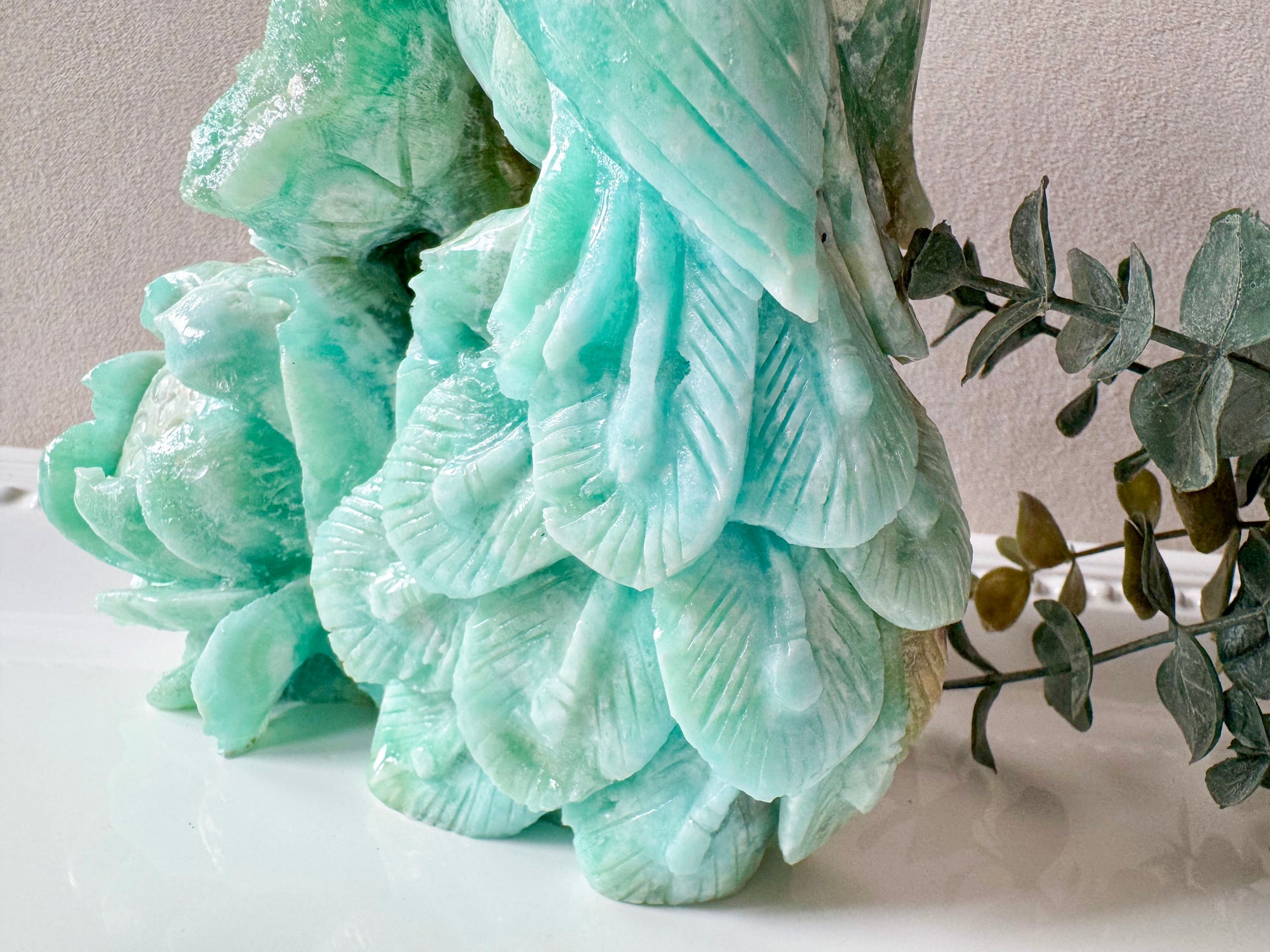 Hemimorphite Peacock & Lotus Carving