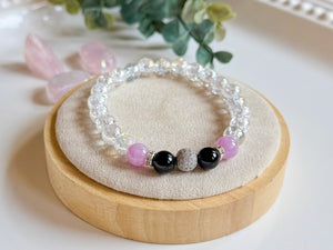 Prismatic Light Beaded Bracelet || Aura Crackle Quartz, Lavender Jade & Black Onyx || Reiki Infused