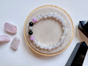 Prismatic Light Beaded Bracelet || Aura Crackle Quartz, Lavender Jade & Black Onyx || Reiki Infused