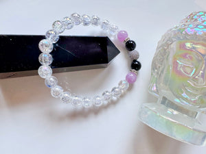 Prismatic Light Beaded Bracelet || Aura Crackle Quartz, Lavender Jade & Black Onyx || Reiki Infused