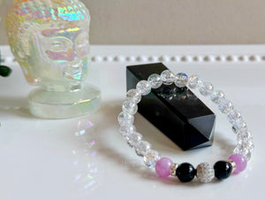 Prismatic Light Beaded Bracelet || Aura Crackle Quartz, Lavender Jade & Black Onyx || Reiki Infused