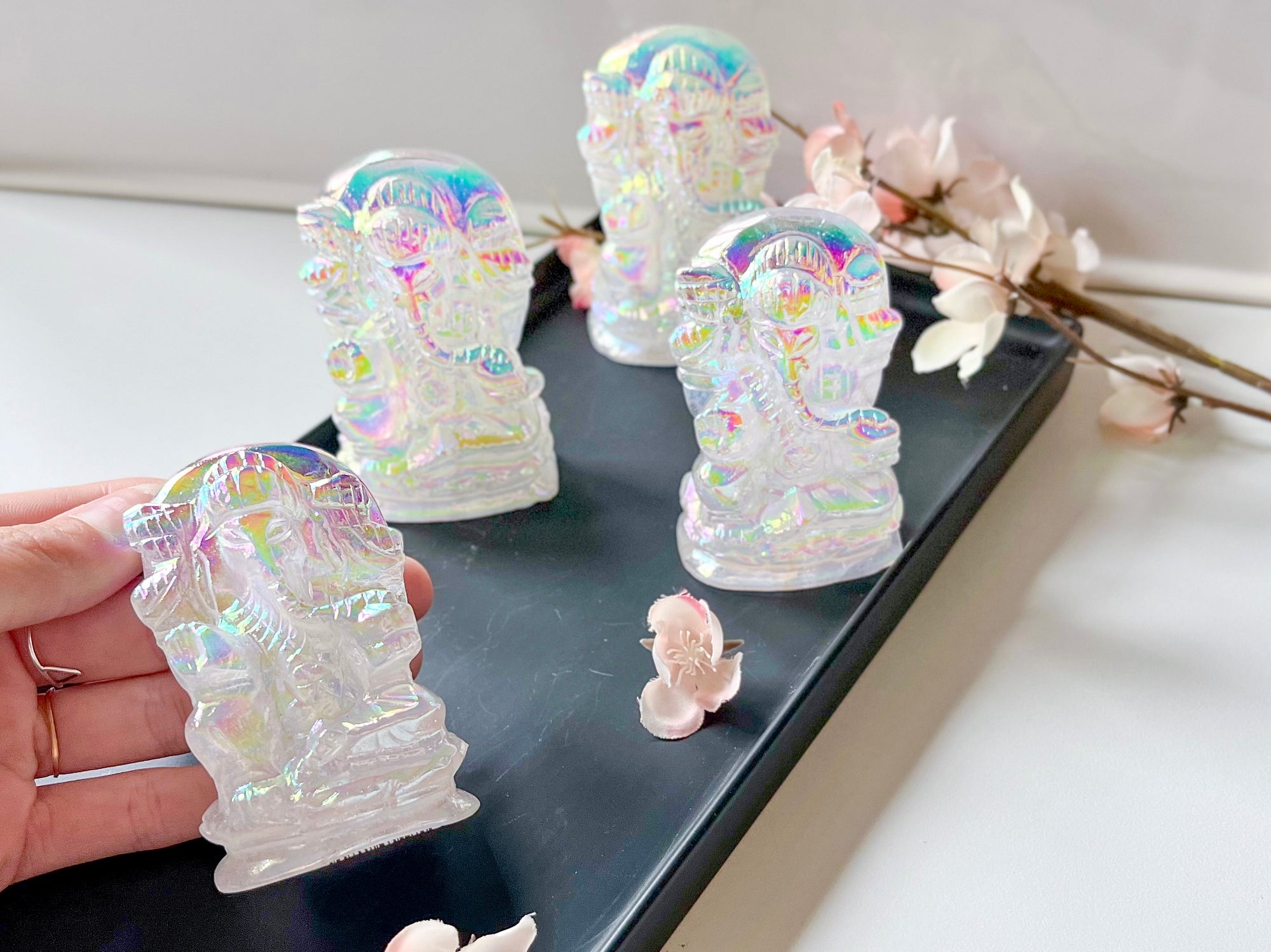 Aura Quartz Ganesha Carving - Angel Aura and Rose Aura