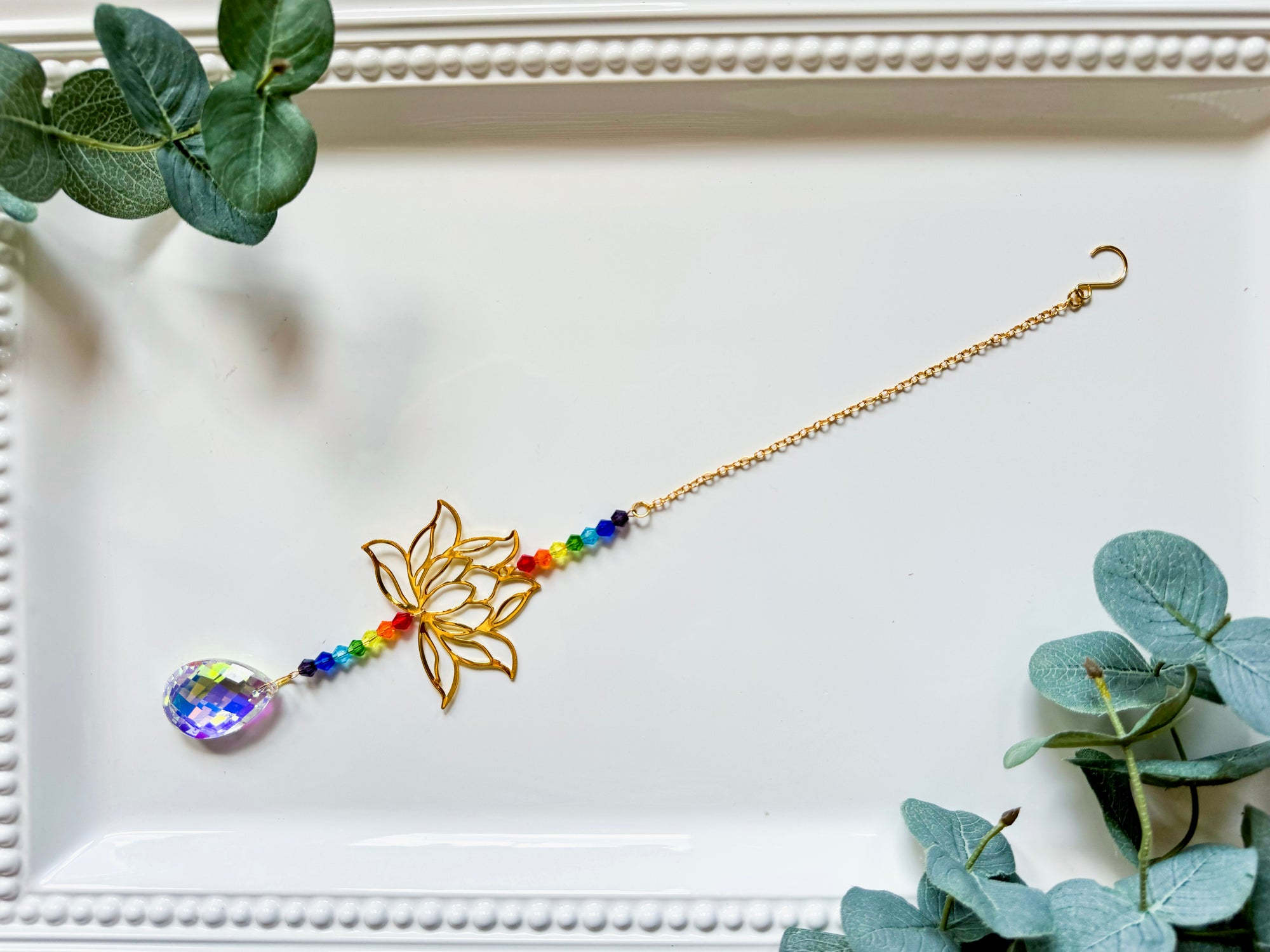 Chakra & Dew Drop Lotus Rainbow Catcher Window Hanger || Gold