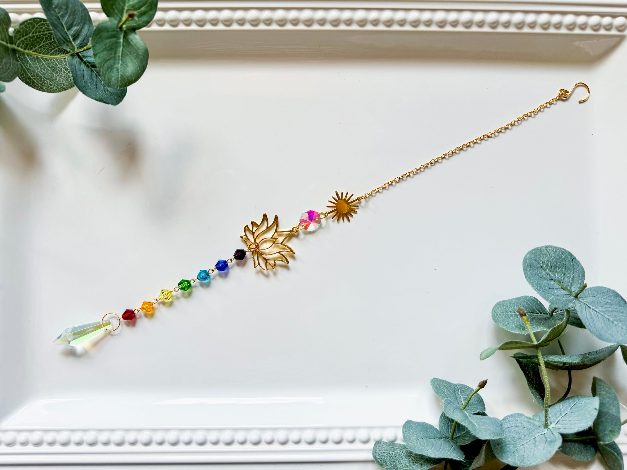 Chakra & Sunburst Lotus Rainbow Catcher Window Hanger || Gold