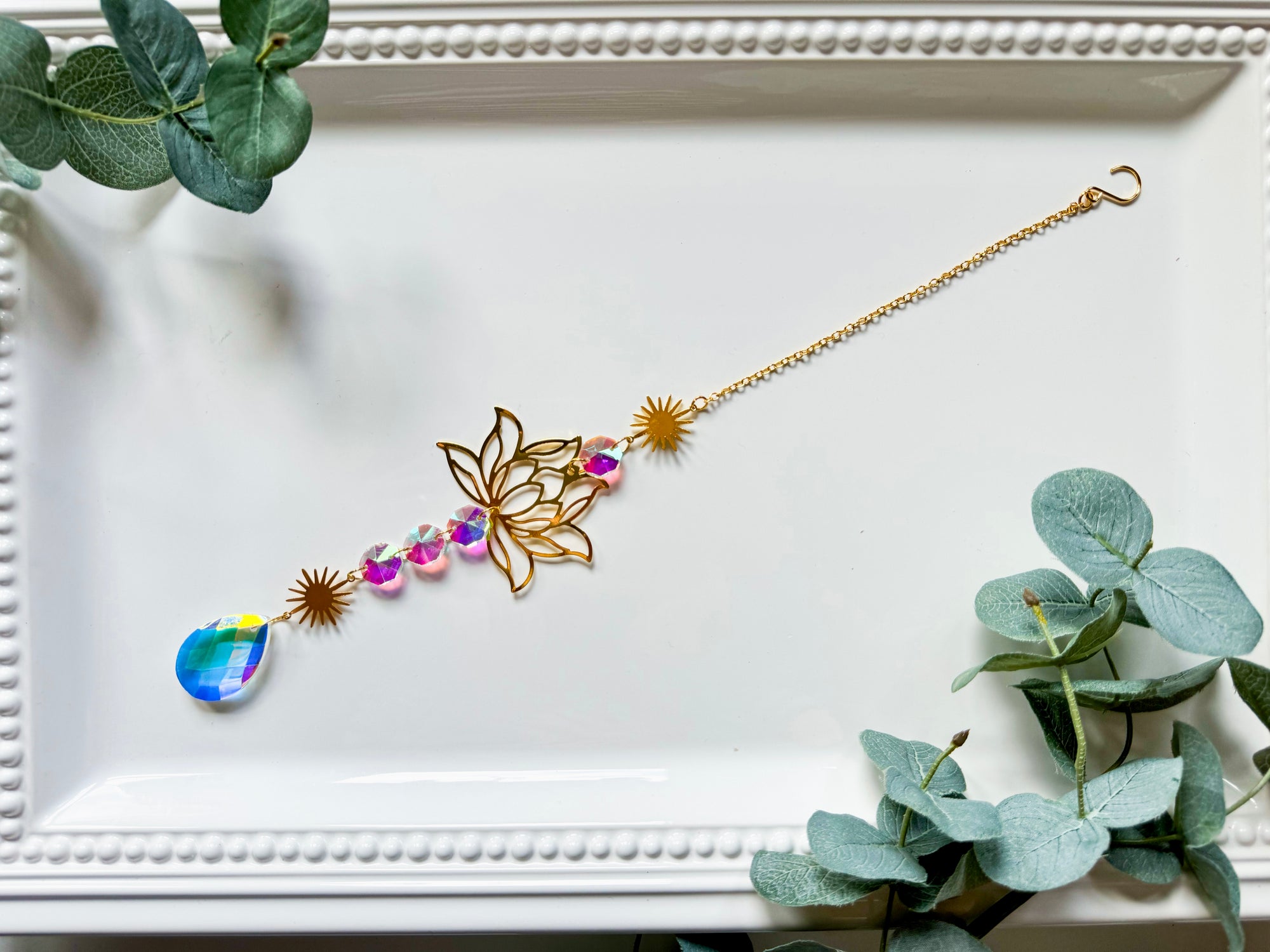 Sunburst & Dew Drop Lotus Rainbow Catcher Window Hanger || Gold