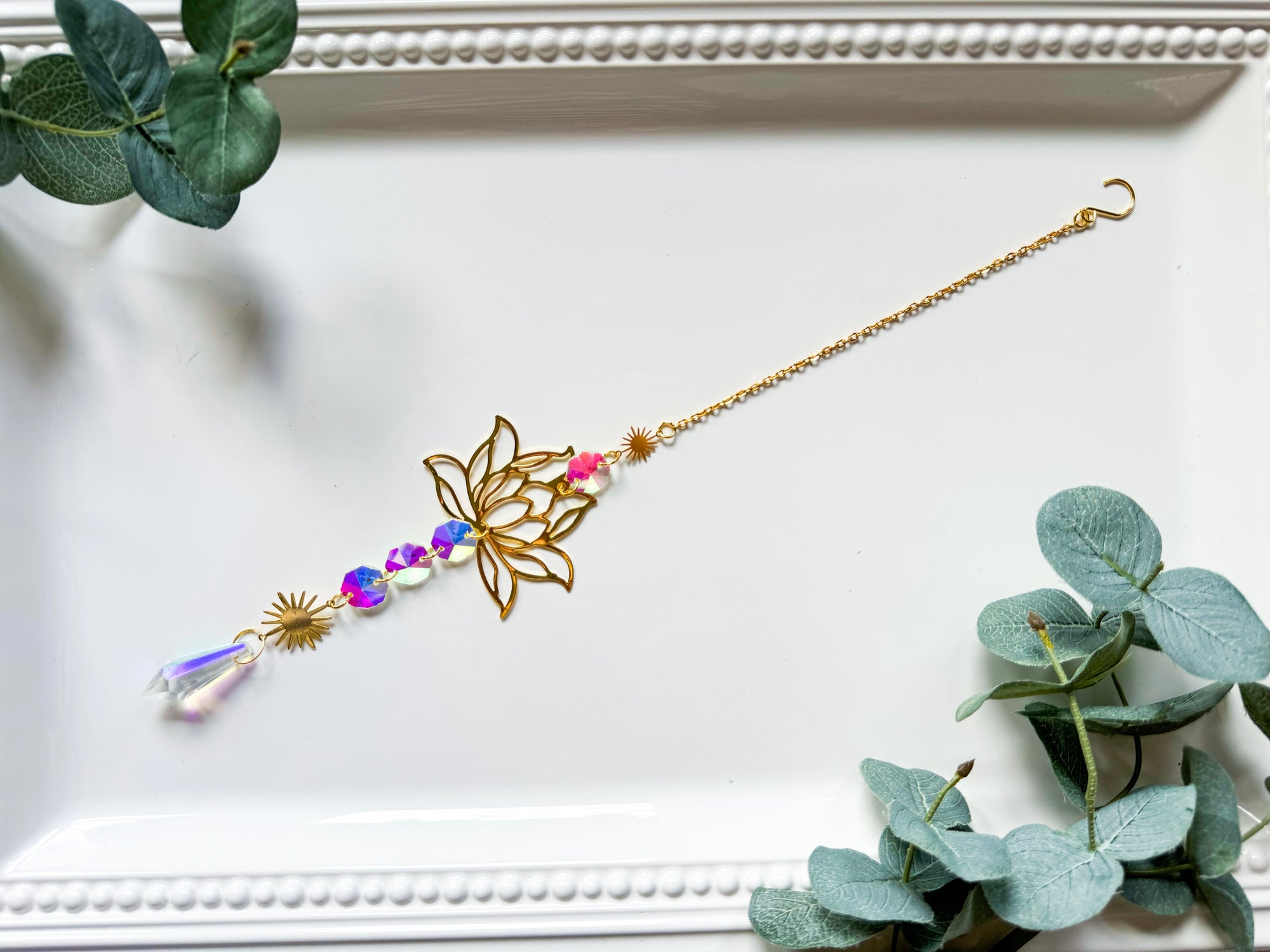 Sunburst & Point Lotus Rainbow Catcher Window Hanger || Gold