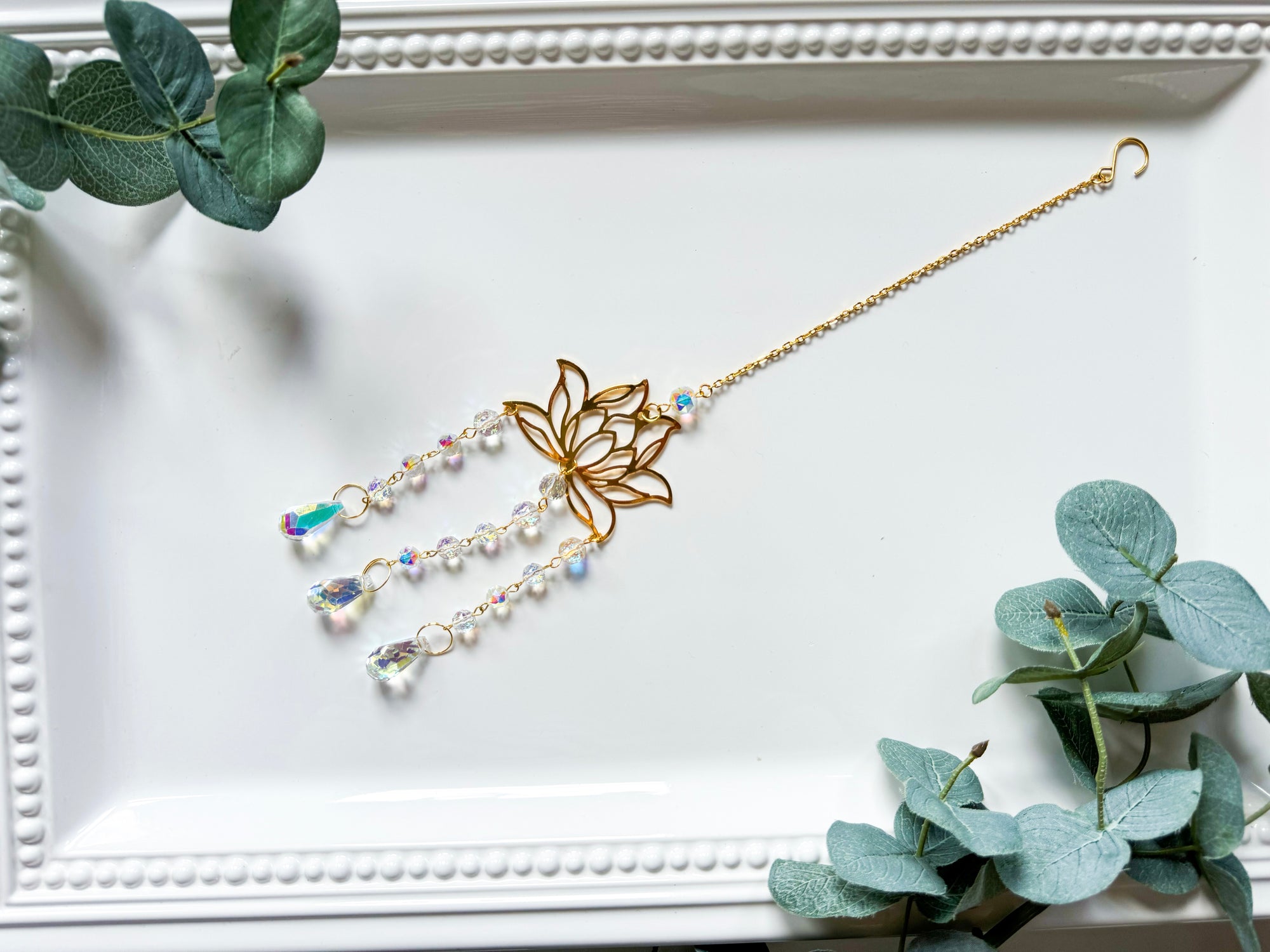 Three Dew Drops Lotus Rainbow Catcher Window Hanger || Gold